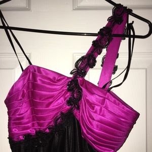 Fuchsia and Black Beaded One Shoulder Dress
